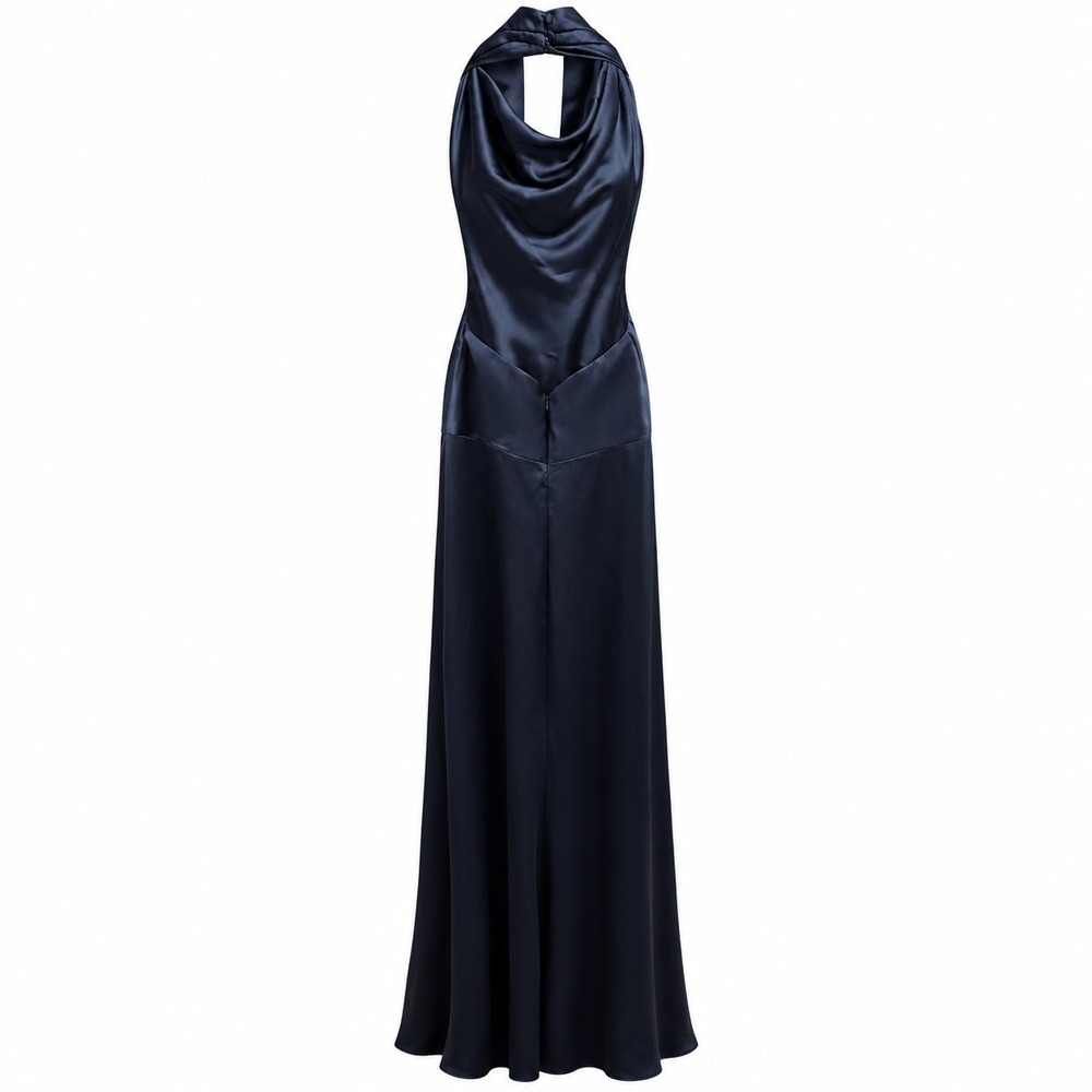 Amsale Navy Blue Satin Cowl Halter Neck Open Back Maxi Formal Gown Dress Size 0